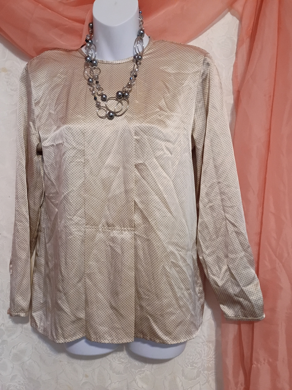 Rena Rowan Ladies Cream Satin Long-Sleeve Dot-Print Blouse Sz 6P